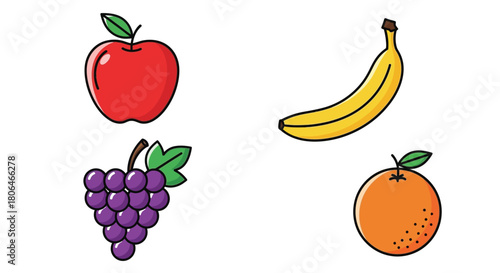 A colorful illustration depicts an apple banana grapes and orange