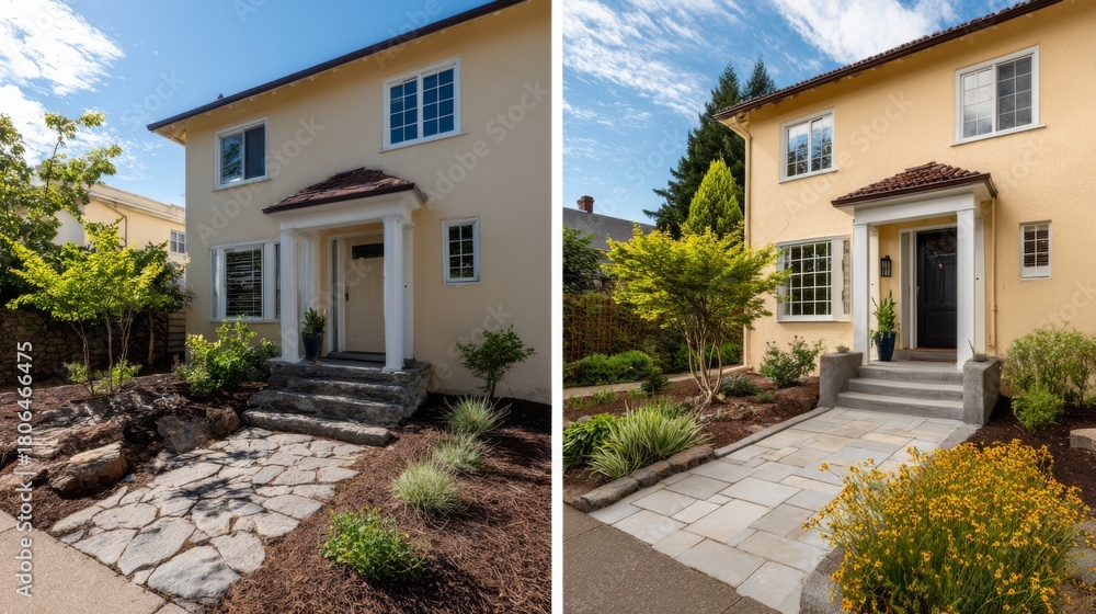 Fototapeta premium Charming home before and after landscaping transformation, showcasing a welcoming entrance with vibrant greenery and improved stone pathways.