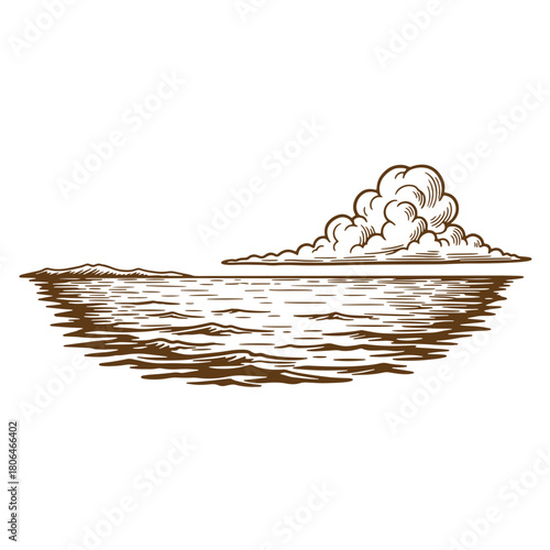 Hand drawn sketch illustration of a sea scape with clouds and a distant island horizon
