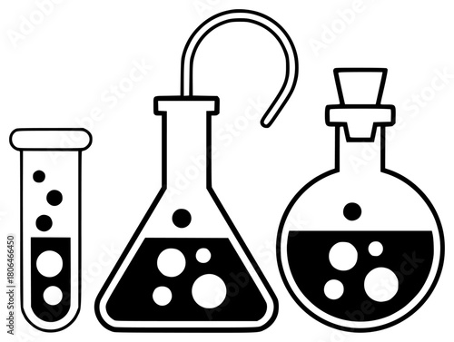 Black and White Illustration of Three Science Laboratory Flasks with Bubbles
