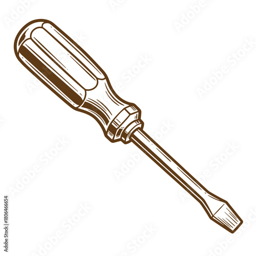 Hand drawn sketch illustration of a vintage flathead screwdriver tool isolated on white background