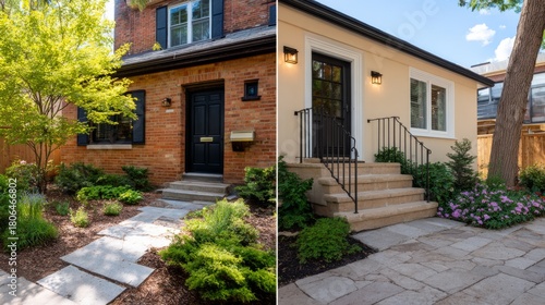 Wallpaper Mural Side-by-side comparison of two home entrances: a traditional brick design and a modern cream facade with stone steps. Torontodigital.ca