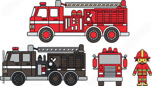 Fire Truck Ensemble: A captivating array of fire trucks and a firefighter, illustrated in vibrant colors, ideal for conveying themes of safety, rescue, and heroism.