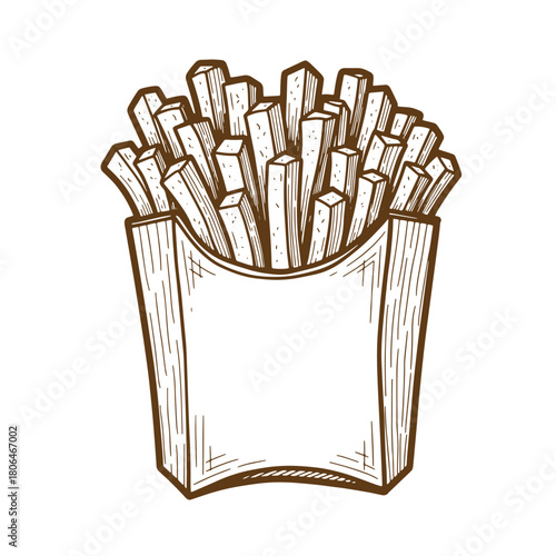 Hand drawn sketch illustration of french fries inside a carton food packaging vintage design