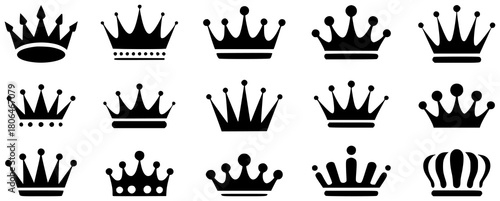 Collection of Black Silhouette Crown Icons on White Background