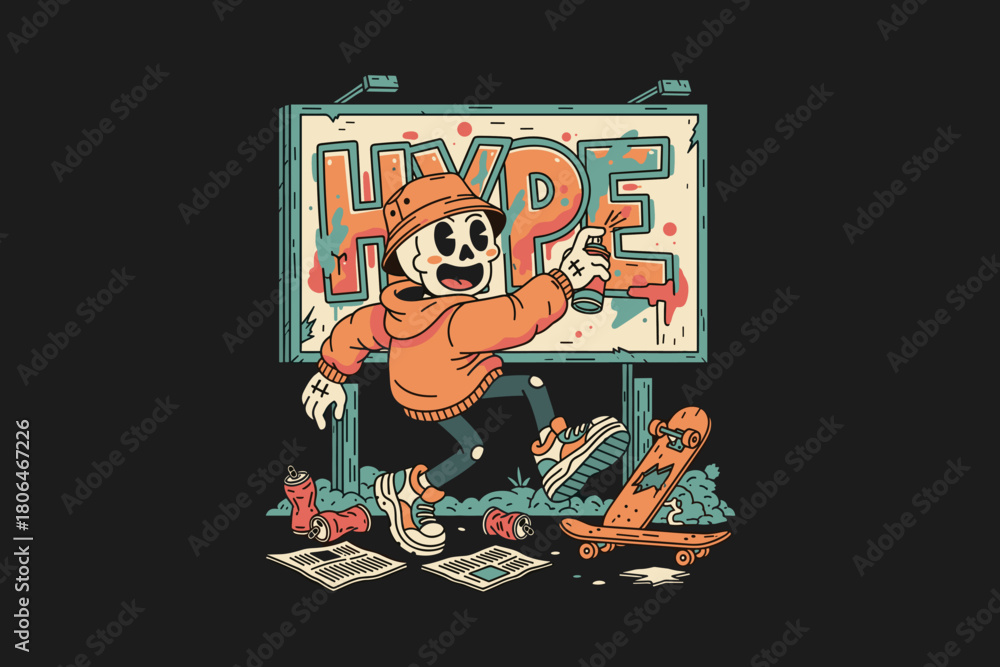Obraz premium Skeleton character spray painting the word HYPE on a billboard.