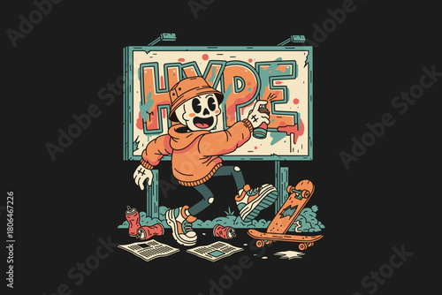 Skeleton character spray painting the word HYPE on a billboard.