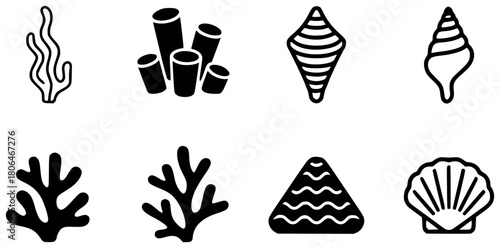 Collection of Marine Life Icons Coral, Shells, and Seaweed