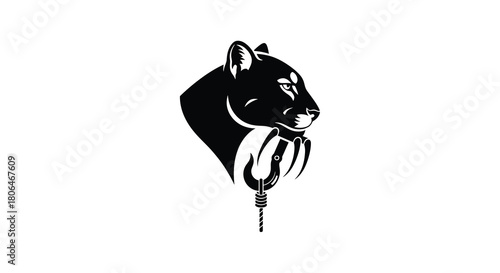 Cougar or panther head with climbing carabiner rope vector illustration