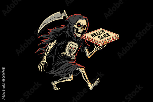 Grim Reaper holding a pizza box with Hells Slice logo.