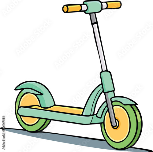 Vibrant Green Kick Scooter Cartoon Illustration, a Fun and Eco-Friendly Personal Transport for Kids and Adults, Perfect for Urban Mobility and Leisure Activities