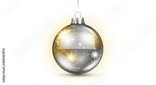 A radiant silver christmas bauble, gleaming with golden highlights, suspended against a pristine white backdrop, embodying festive cheer and holiday spirit
