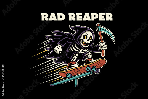 Rad Reaper Skeleton Skateboarder Grinning with Scythe.