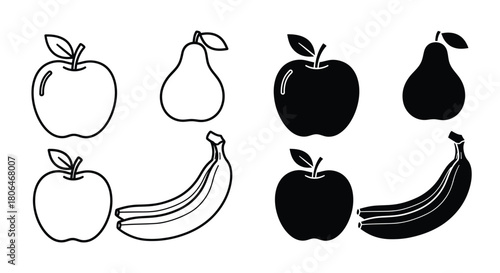 Black and white illustration of apples pears and bananas in various styles