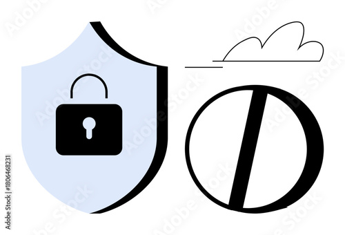 Shield with padlock highlights cybersecurity, protection, next to a barred circle indicating restricted access. Ideal for security, data safety, caution, blockchain, privacy, antivirus simple flat