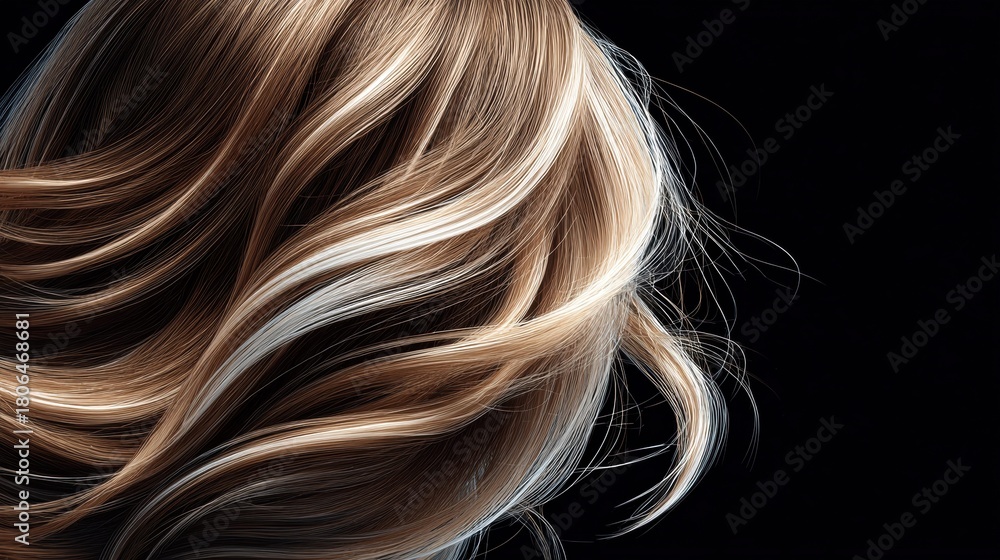 Naklejka premium Close-up of flowing, highlighted hair against a black background.