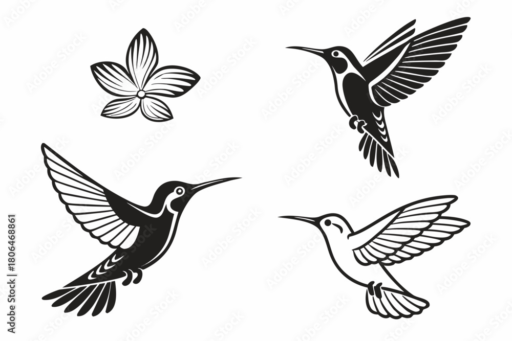 Obraz premium Minimalist hummingbird hovering icon set in black and yellow