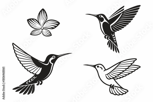 Minimalist hummingbird hovering icon set in black and yellow