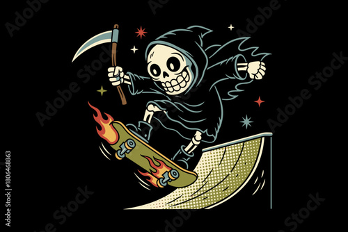 Grim Reaper Skateboarder Performing Extreme Trick on Ramp.