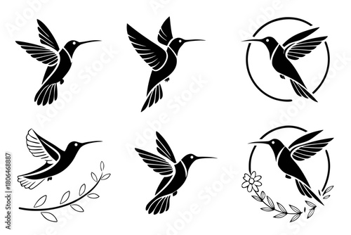 Minimalist hummingbird hovering icon set in black and yellow
