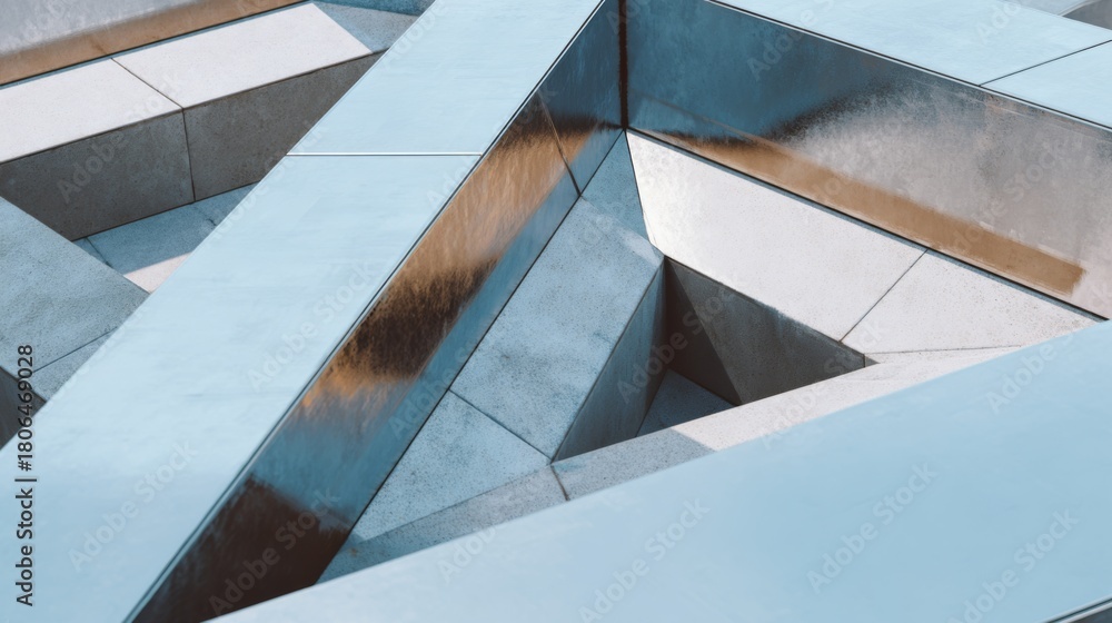 Obraz premium Abstract view of a geometric structure with reflective surfaces and angular designs in a modern setting.