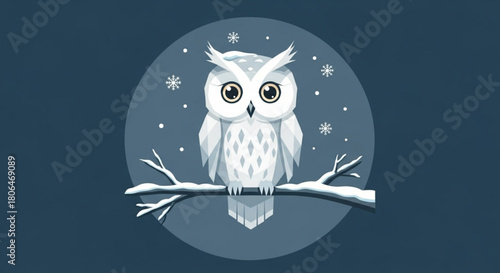 A charming winter scene featuring a cute owl perched on a snowcovered branch, set against a backdrop of gentle snowflakes and a serene moonlit sky