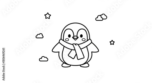 Charming penguin with scarf surrounded by stars and clouds, isolated on, a whimsical winter illustration for childrens designs