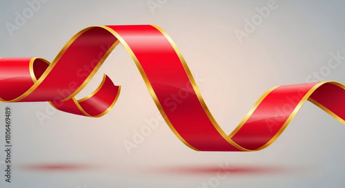 Elegant red ribbon with golden trim, flowing and twisting, perfect for festive decorations and adding a touch of luxury to designs