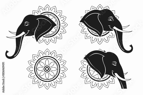 Mandala elephant head icon set with geometric patterns