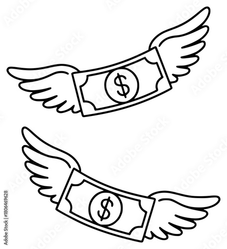 Two stylized flying dollar bills with wings, black and white outline