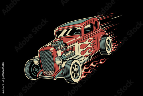Vintage Red Hot Rod Car with Flames Illustration.