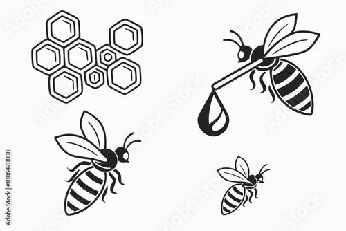 Minimalist bee and honeycomb icon set
