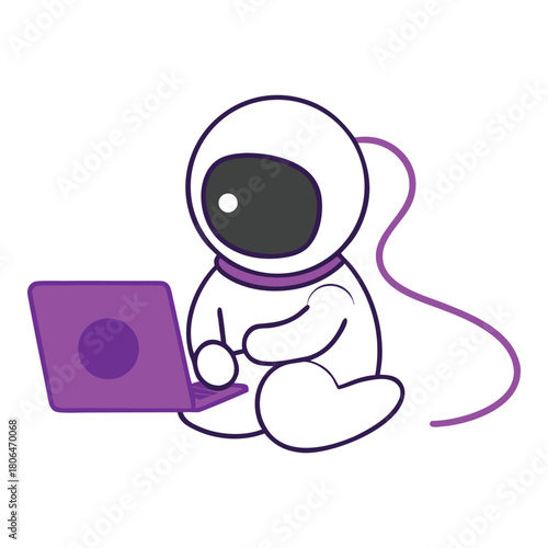 Stylized astronaut character focused on a vibrant purple laptop, symbolizing digital connectivity and remote work