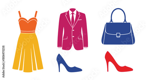 Colorful fashion items a dress suit handbag and shoes illustration
