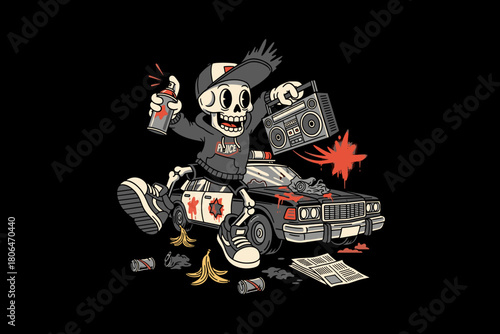 Skeleton Rapper Dancing with Boombox and Spray Can.
