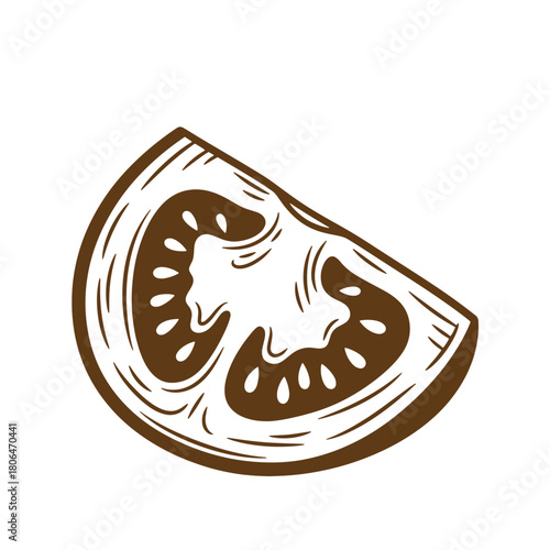 Vector illustration of a single tomato slice in a rustic sketch vintage style