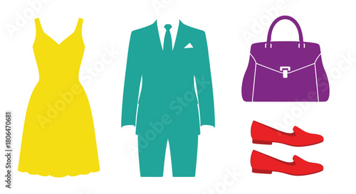 Stylized illustrations of clothing items dress suit handbag and shoes