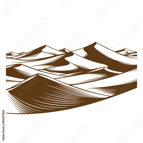 Vector illustration of stylized sand dunes in a desert landscape with a vintage sketch style