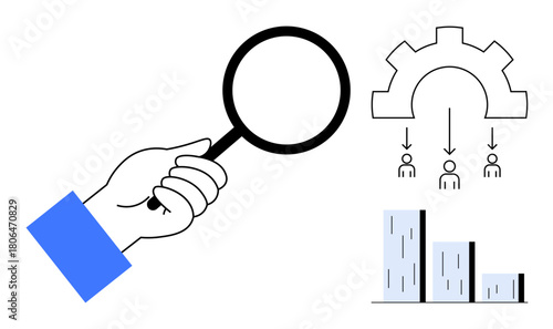 Hand holding magnifying glass, gear with people linked below, and bar chart suggesting analysis, workflow, evaluation, recruitment, teamwork, productivity and simplification. Simple flat metaphor