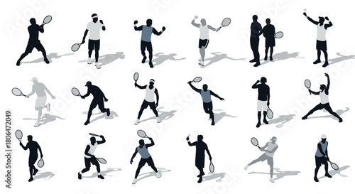 Silhouette tennis players in dynamic poses: athletes in action on court
