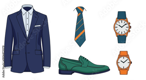 A stylish man s outfit suit tie shoes and accessories displayed