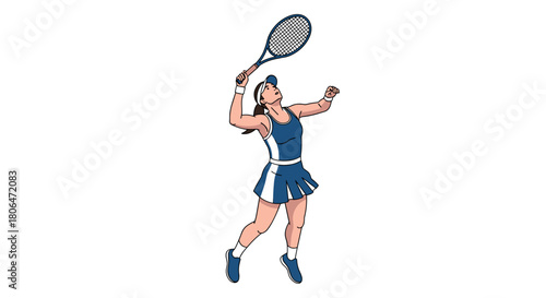 Dynamic female tennis player in action with racket raised