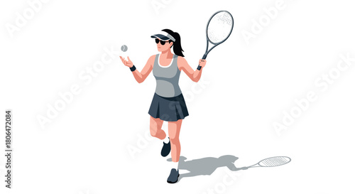 Tennis player preparing to serve in casual athletic outfit against white background