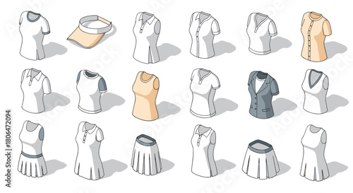 Isometric fashion design set featuring various women's apparel with shadows