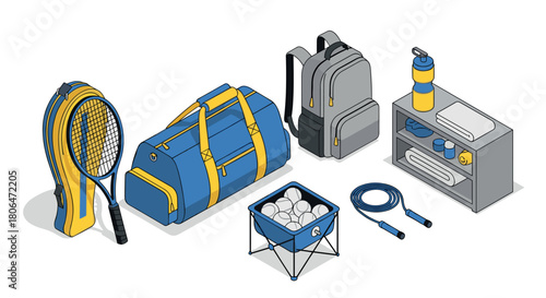 Isometric sports gear collection: tennis, fitness, and travel essentials