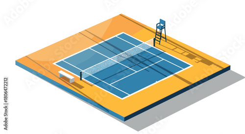 Isometric tennis court with chair and shadows on square platform