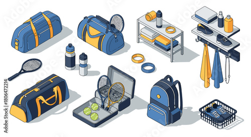 Isometric tennis equipment and accessories set in blue and yellow on white background