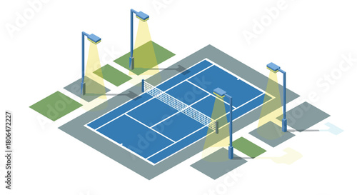 Isometric tennis court design with lighting for outdoor sports facilities