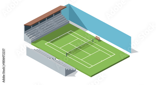 Isometric tennis court design with seating and scoreboard
