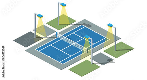 Isometric tennis court with lighting in modern urban design